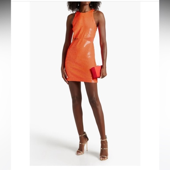 Alice + Olivia NWT Cara sequined Mesh Dress in a bright orange - Picture 1 of 4